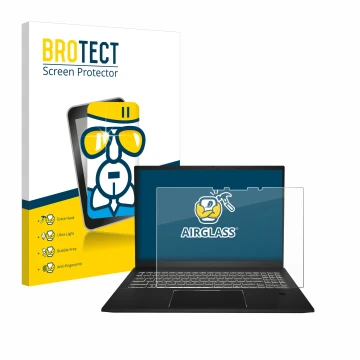 Front side of a product packaging with the brand logo BROTECT. Next to it is the device MSI Summit E16 AI Studio shown with th