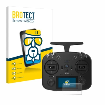 Front side of a product packaging with the brand logo BROTECT. Next to it is the device FrSky TWIN X14 shown with the correspo