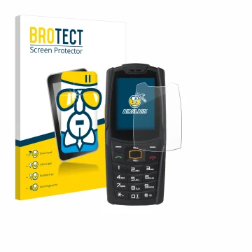 Front side of a product packaging with the brand logo BROTECT. Next to it is the device AGM M6 shown with the corresponding sc