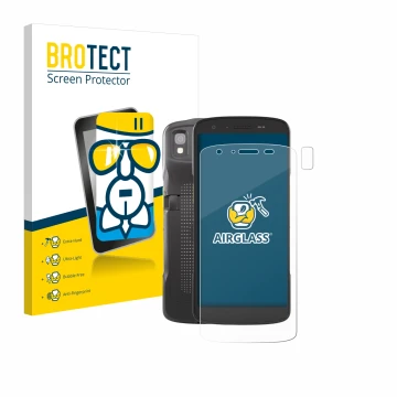 Front side of a product packaging with the brand logo BROTECT. Next to it is the device Zebra TC22 (Front+Camera) shown with t