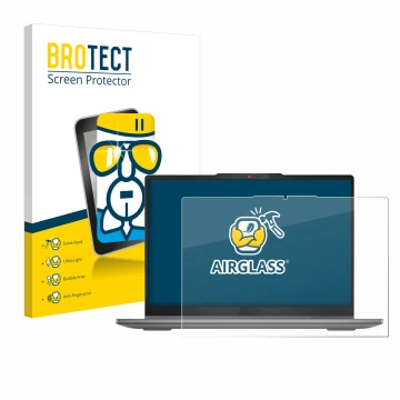 Front side of a product packaging with the brand logo BROTECT. Next to it is the device Lenovo IdeaPad 5 2-in-1 14AHP9 shown w