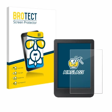 Front side of a product packaging with the brand logo BROTECT. Next to it is the device Kobo Clara BW shown with the correspon