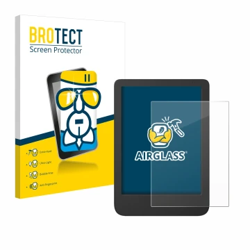 Front side of a product packaging with the brand logo BROTECT. Next to it is the device Tolino Shine 5 Color 2024 shown with t