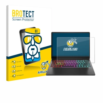 Front side of a product packaging with the brand logo BROTECT. Next to it is the device HP Omen Transcend 14 shown with the co