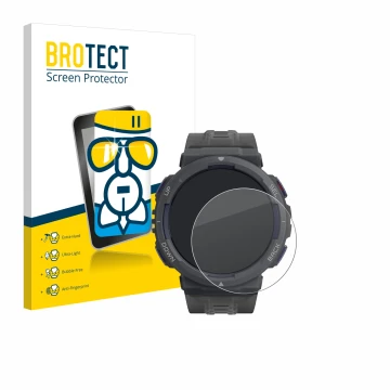 Front side of a product packaging with the brand logo BROTECT. Next to it is the device Amazfit Active Edge shown with the cor