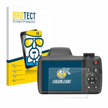Front side of a product packaging with the brand logo BROTECT. Next to it is the device Kodak Pixpro AZ528 shown with the corr