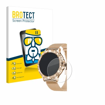 Front side of a product packaging with the brand logo BROTECT. Next to it is the device walkbee Smartwatch 1.3