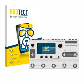 Front side of a product packaging with the brand logo BROTECT. Next to it is the device Hotone Ampero II Stage shown with the 