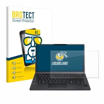 Front side of a product packaging with the brand logo BROTECT. Next to it is the device Fujitsu Lifebook U9312 shown with the 
