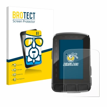 Front side of a product packaging with the brand logo BROTECT. Next to it is the device Wahoo Elemnt Roam V2 GPS shown with th