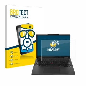 Front side of a product packaging with the brand logo BROTECT. Next to it is the device Lenovo ThinkPad X13 Gen 5 shown with t