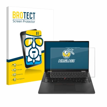 Front side of a product packaging with the brand logo BROTECT. Next to it is the device Lenovo ThinkPad X13 2-in-1 Gen 5 shown