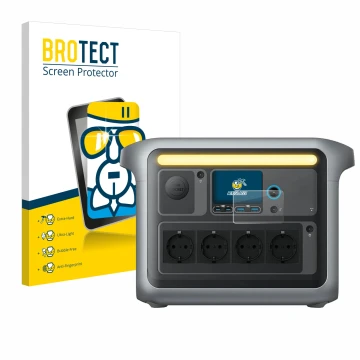 Front side of a product packaging with the brand logo BROTECT. Next to it is the device Anker SOLIX C1000X shown with the corr