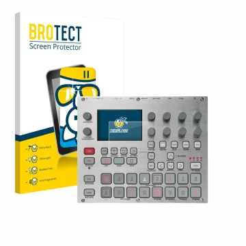 Front side of a product packaging with the brand logo BROTECT. Next to it is the device Elektron Syntakt E25 Remix Edition sho