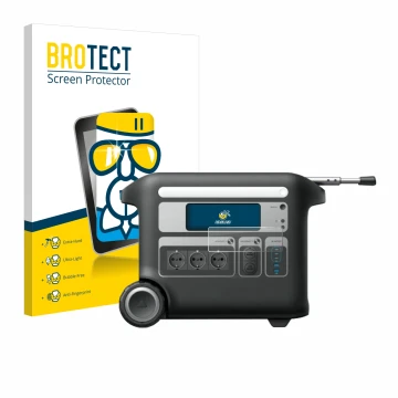 Front side of a product packaging with the brand logo BROTECT. Next to it is the device Anker SOLIX F2000 shown with the corre