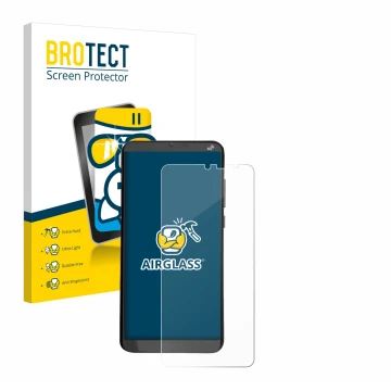 Front side of a product packaging with the brand logo BROTECT. Next to it is the device Brondi Amico XL shown with the corresp