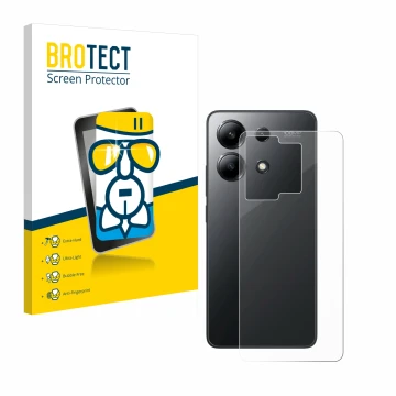 Front side of a product packaging with the brand logo BROTECT. Next to it is the device Xiaomi Redmi Note 13 4G (Back) shown w