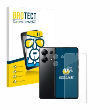 Front side of a product packaging with the brand logo BROTECT. Next to it is the device Xiaomi Redmi Note 13 4G (Front+Camera)