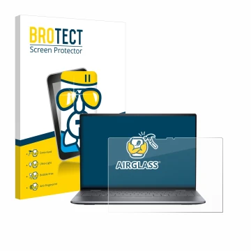 Front side of a product packaging with the brand logo BROTECT. Next to it is the device Dell Latitude 9450 2-in-1 shown with t