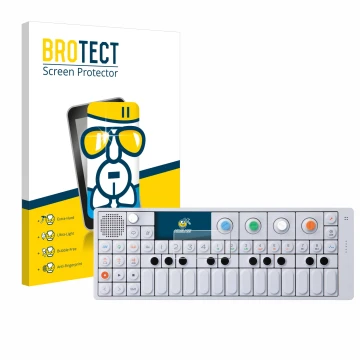Front side of a product packaging with the brand logo BROTECT. Next to it is the device Teenage Engineering OP-1 Sampler & Con