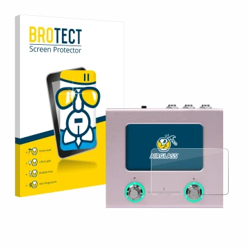 Front side of a product packaging with the brand logo BROTECT. Next to it is the device Hotone Ampero Mini shown with the corr