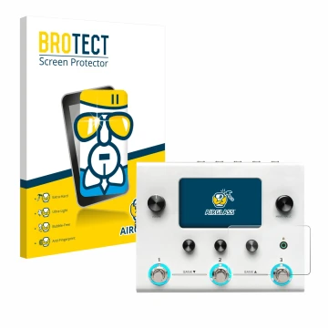 Front side of a product packaging with the brand logo BROTECT. Next to it is the device Hotone Ampero II Stomp shown with the 