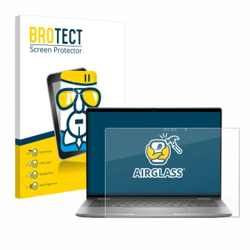 Front side of a product packaging with the brand logo BROTECT. Next to it is the device Dell Latitude 7450 2-in-1 shown with t