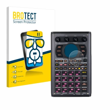 Front side of a product packaging with the brand logo BROTECT. Next to it is the device Roland SP-404MKII shown with the corre