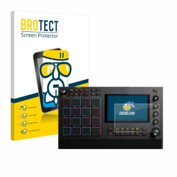 Front side of a product packaging with the brand logo BROTECT. Next to it is the device Akai MPC Live II shown with the corres
