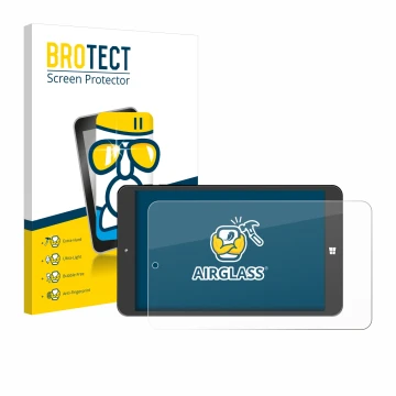 Front side of a product packaging with the brand logo BROTECT. Next to it is the device SZTPS Tablet 8