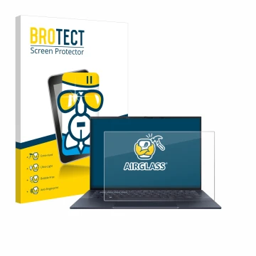 Front side of a product packaging with the brand logo BROTECT. Next to it is the device ASUS ExpertBook B9 B9403 shown with th