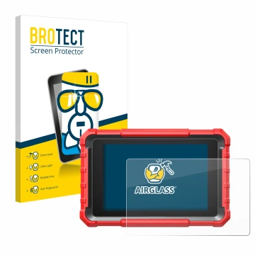 Front side of a product packaging with the brand logo BROTECT. Next to it is the device Launch X-431 PROS Elite shown with the