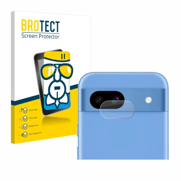 Front side of a product packaging with the brand logo BROTECT. Next to it is the device Google Pixel 8a (ONLY Camera Lens) sho
