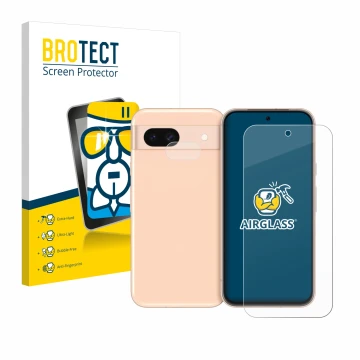 Front side of a product packaging with the brand logo BROTECT. Next to it is the device Google Pixel 8a (Front+Camera) shown w
