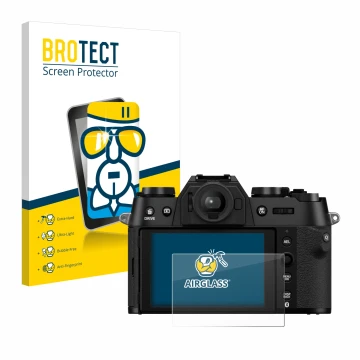 Front side of a product packaging with the brand logo BROTECT. Next to it is the device Fujifilm X-T50 shown with the correspo