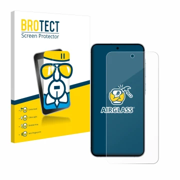 Front side of a product packaging with the brand logo BROTECT. Next to it is the device Samsung Galaxy M35 shown with the corr