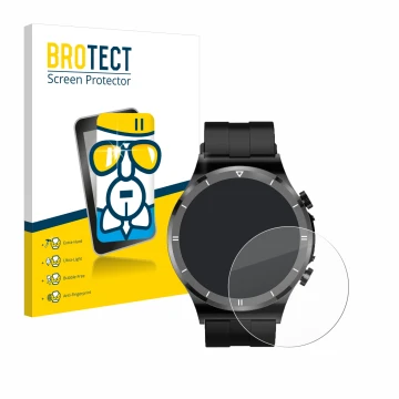 Front side of a product packaging with the brand logo BROTECT. Next to it is the device Sanorum Smartwatch 1.39