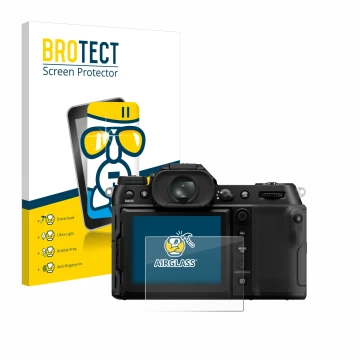 Front side of a product packaging with the brand logo BROTECT. Next to it is the device Fujifilm GFX100S II shown with the cor
