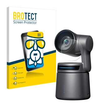 Front side of a product packaging with the brand logo BROTECT. Next to it is the device OBSBOT Tail Air shown with the corresp