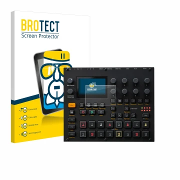 Front side of a product packaging with the brand logo BROTECT. Next to it is the device Elektron Digitakt II shown with the co