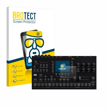 Front side of a product packaging with the brand logo BROTECT. Next to it is the device Elektron Octatrack MKII shown with the