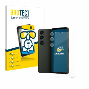 Front side of a product packaging with the brand logo BROTECT. Next to it is the device Sony Xperia 1 VI (Front+Camera) shown 
