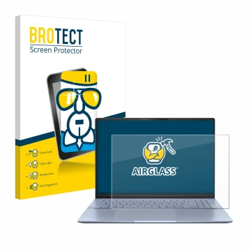 Front side of a product packaging with the brand logo BROTECT. Next to it is the device ASUS Vivobook S16 OLED S5606 shown wit
