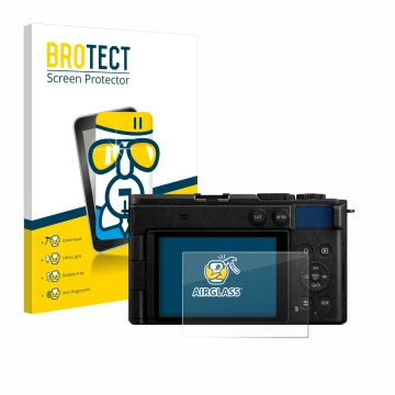 Front side of a product packaging with the brand logo BROTECT. Next to it is the device Panasonic Lumix DC-S9 shown with the c