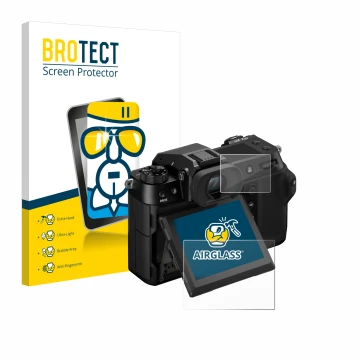 Front side of a product packaging with the brand logo BROTECT. Next to it is the device Fujifilm GFX100S II (Display + top pla