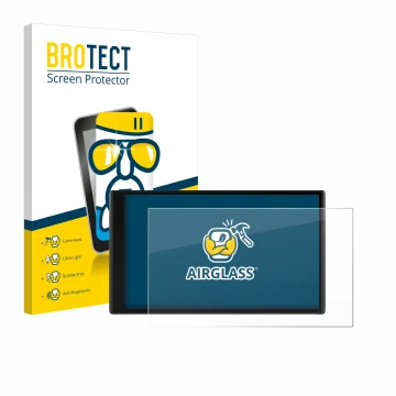 Front side of a product packaging with the brand logo BROTECT. Next to it is the device Garmin CamperVan shown with the corres