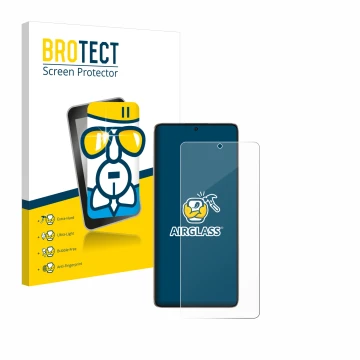 Front side of a product packaging with the brand logo BROTECT. Next to it is the device Xiaomi Poco F6 shown with the correspo
