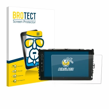 Front side of a product packaging with the brand logo BROTECT. Next to it is the device Dynavin D9-T6 shown with the correspon