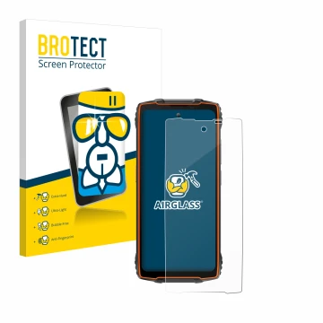 Front side of a product packaging with the brand logo BROTECT. Next to it is the device Blackview Oscal Pilot 2 shown with the