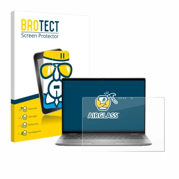 Front side of a product packaging with the brand logo BROTECT. Next to it is the device Dell Latitude 7350 2-in-1 shown with t